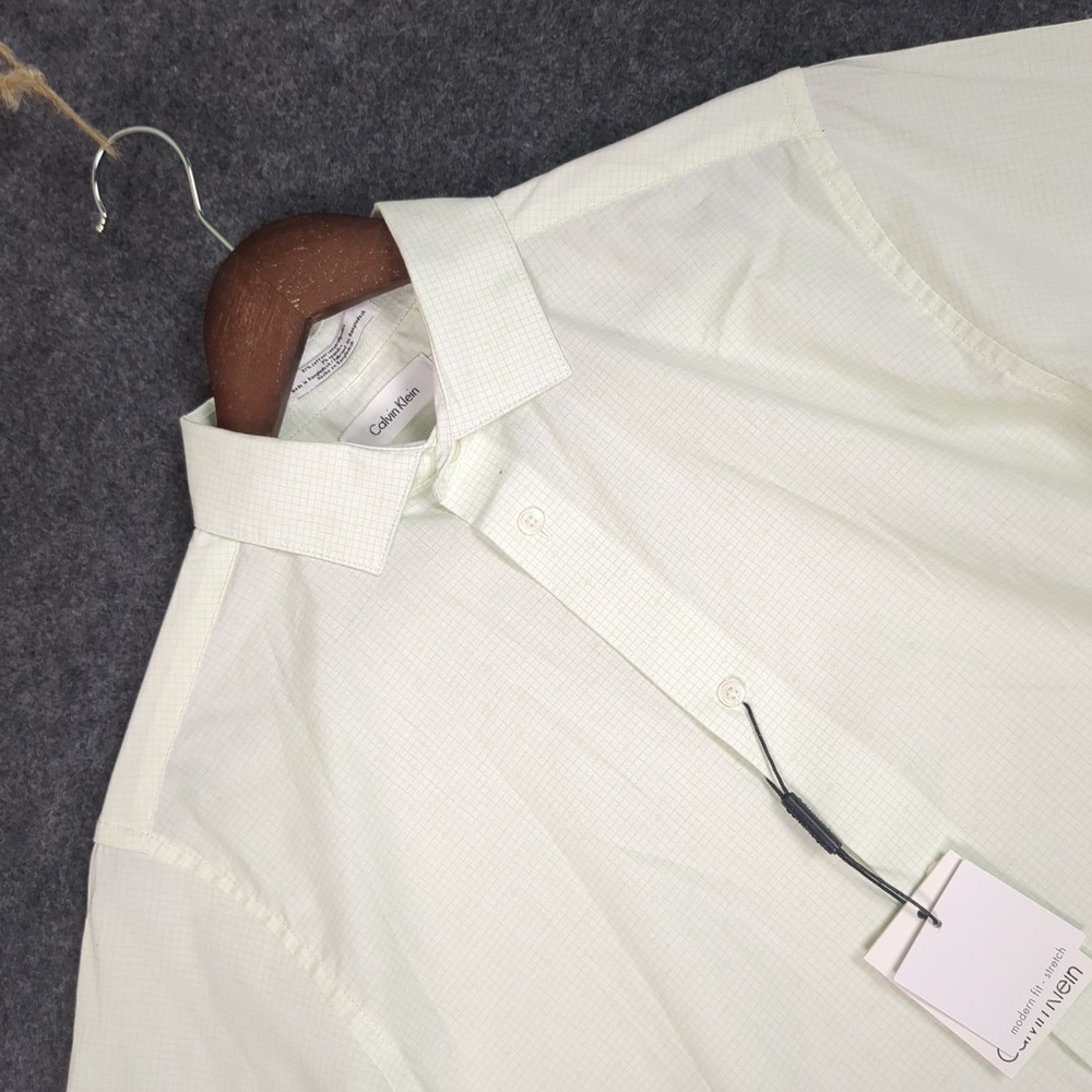 Calvin Klein Modern Fit Stretch Dress Shirt Mens 18 Green Micro Grid Check NWT
